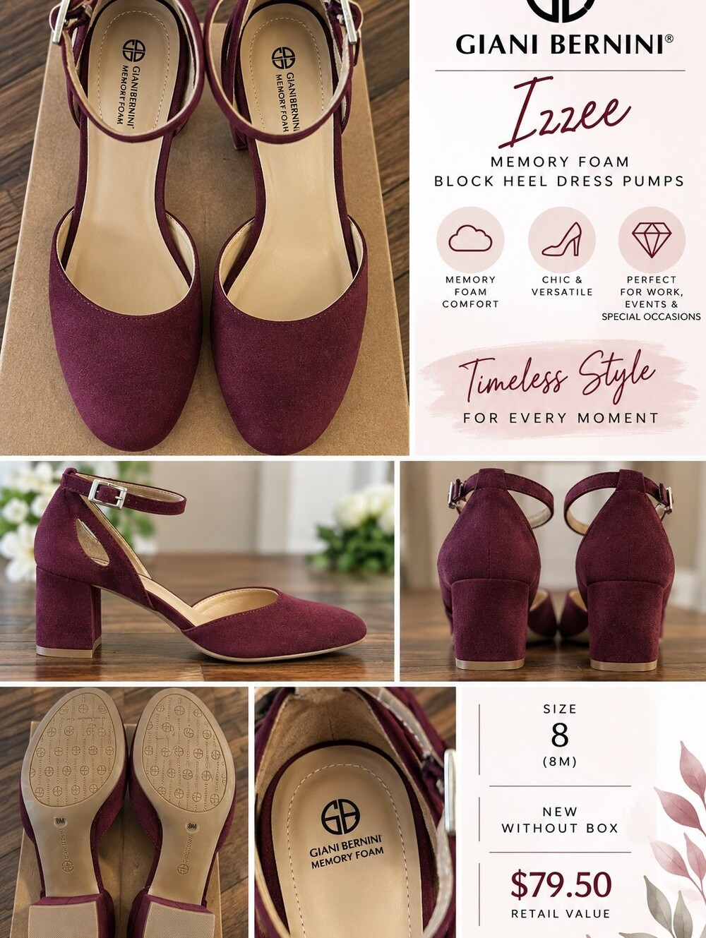NWOB Giani Bernini Izzee Burgundy Suede Ankle Strap Block Heels